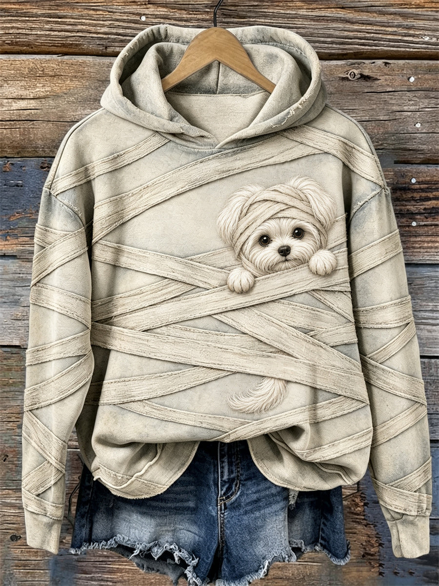 Women's Halloween Peeking Maltese Dog Mummy Bandages Print Cozy Hoodie
