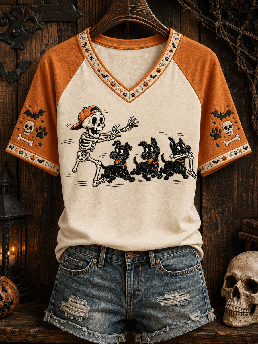 Women's Funny Halloween Dogs And Sleleton Print Casual V-Neck Tee