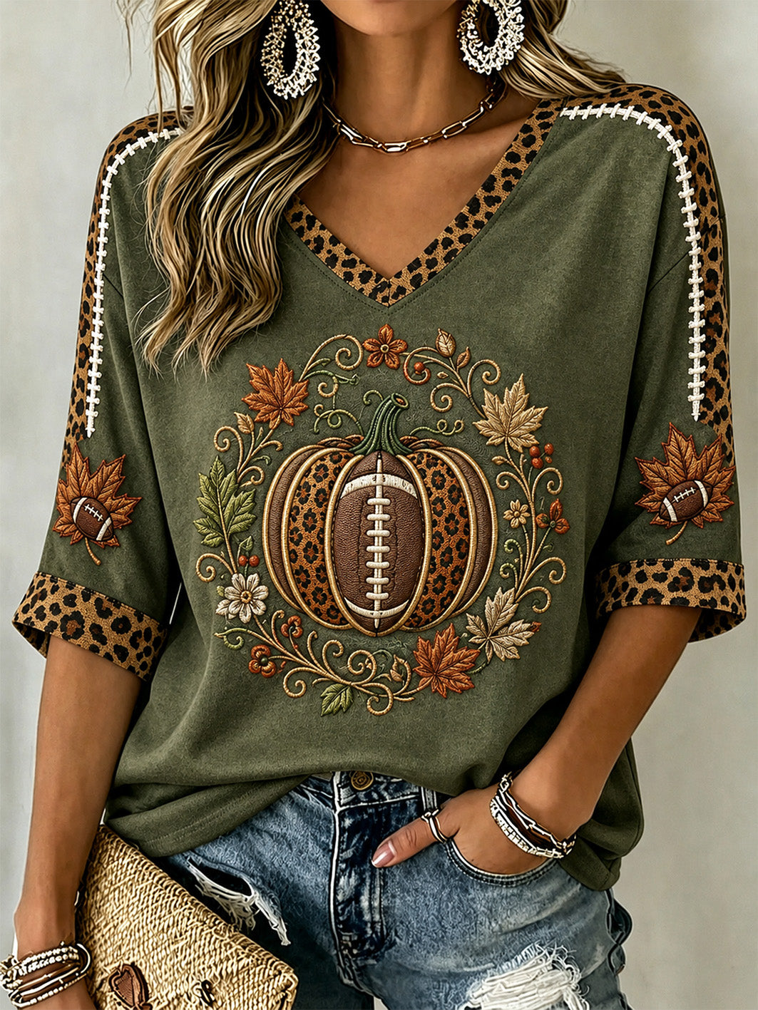 Women's Autumn Pumpkin Pattern Casual Mid-length Sleeves V-Neck T-Shirt