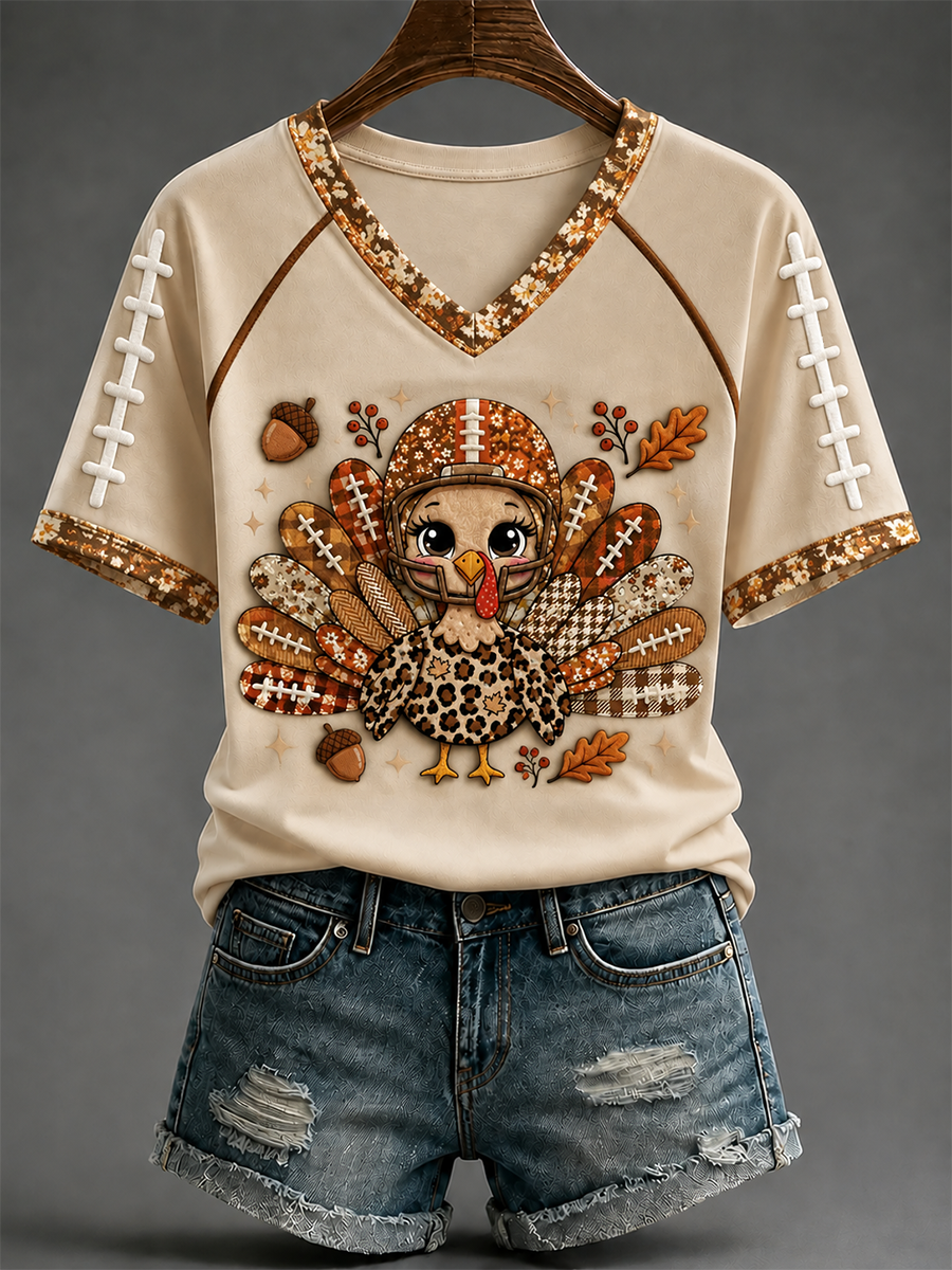 Women's Fun Turkey Rugby V-neck Off-shoulder Short-sleeved T-shirt