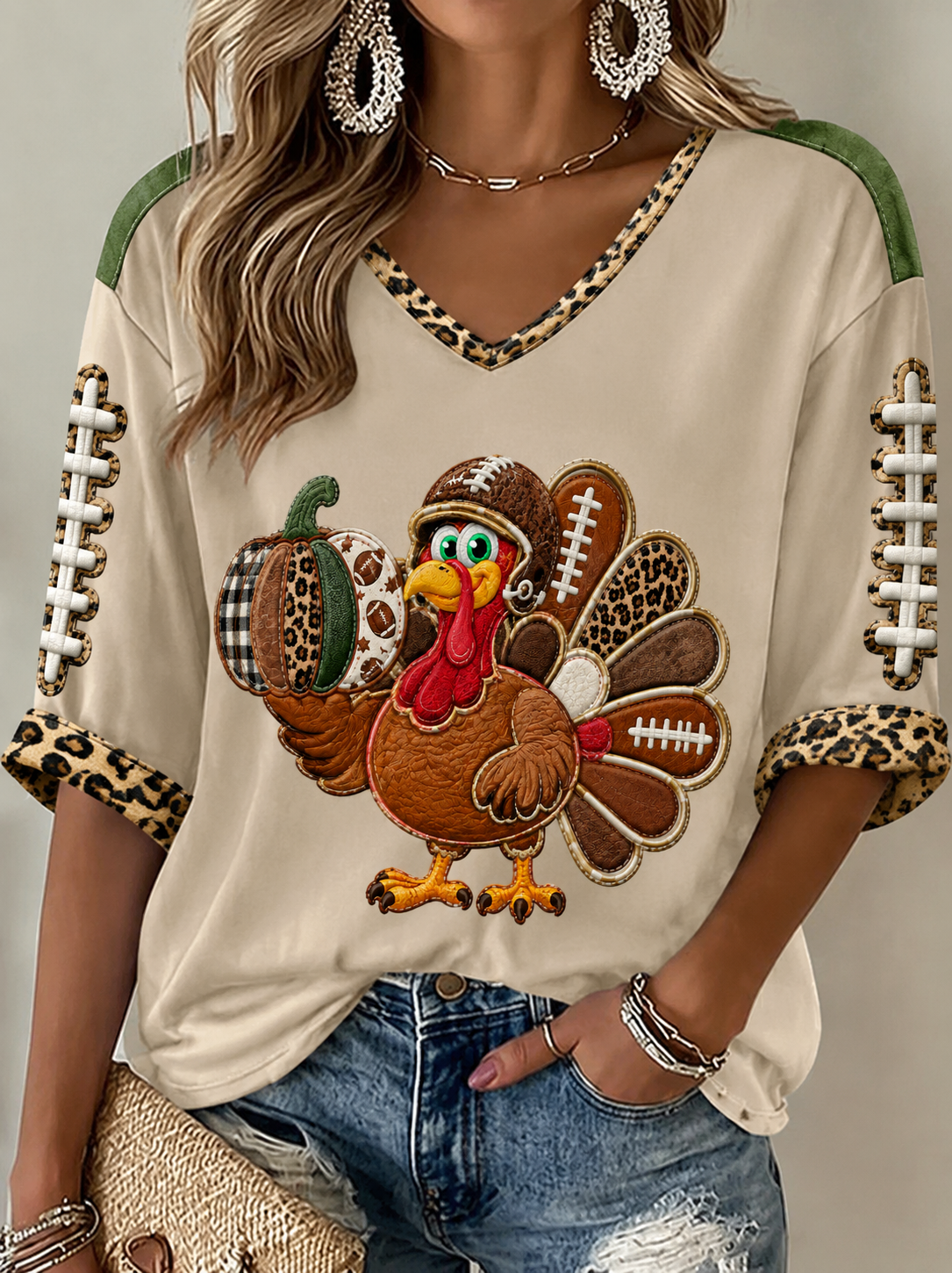 Women's Fun Turkey Rugby Mid-length Sleeves V-Neck T-Shirt