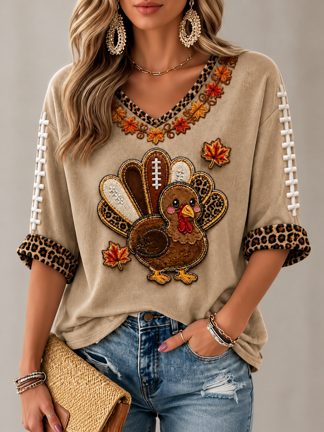Women's Fun Turkey Rugby Mid-length Sleeves V-Neck T-Shirt
