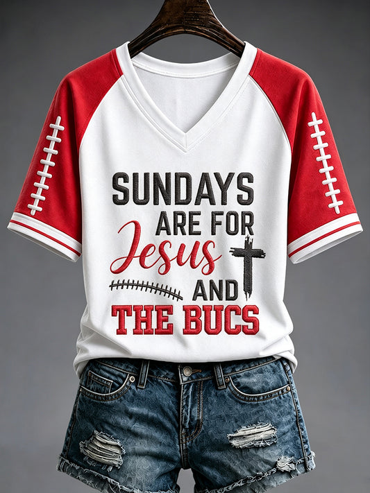 Women's Football Fan Print V-neck T-shirt