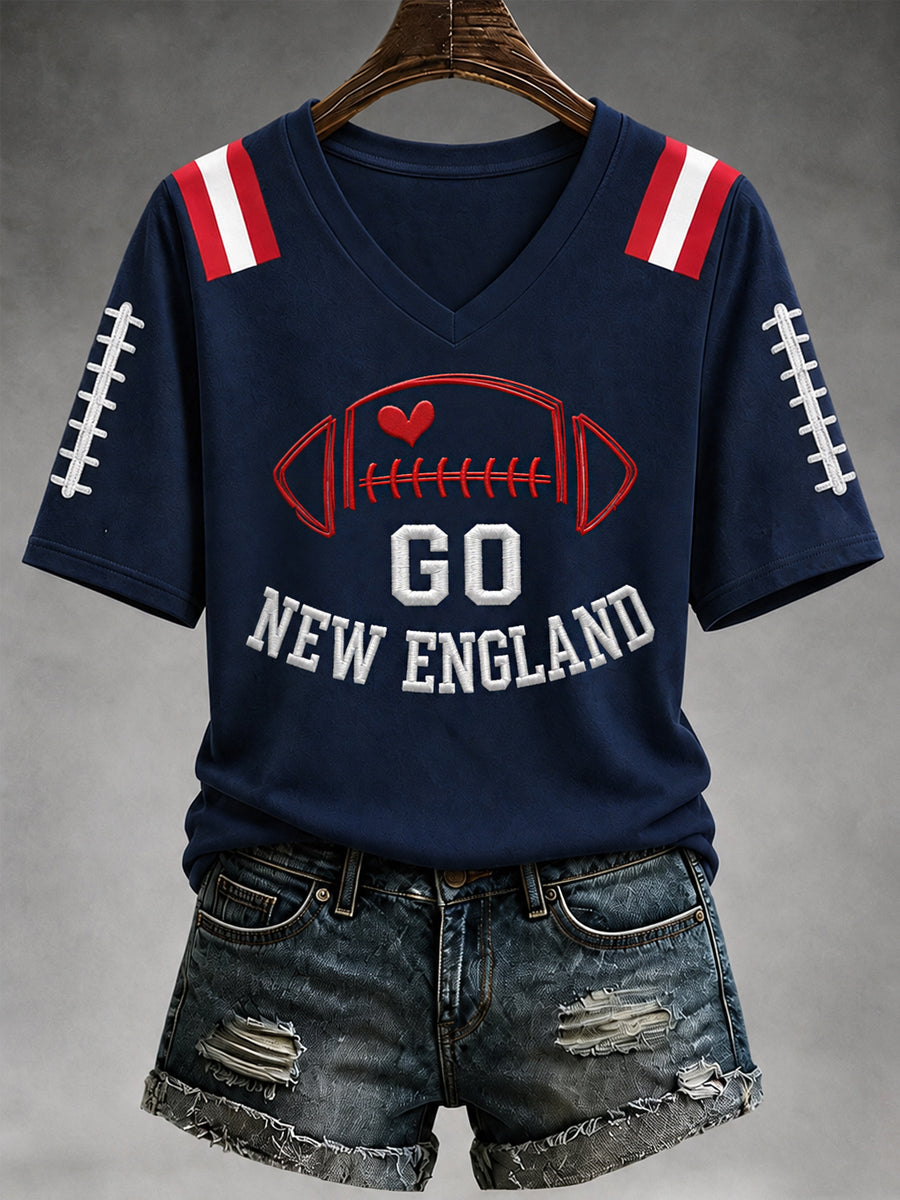 Women's Go New England! Football Gameday Gift For Football Fans Casual V-Neck Tee