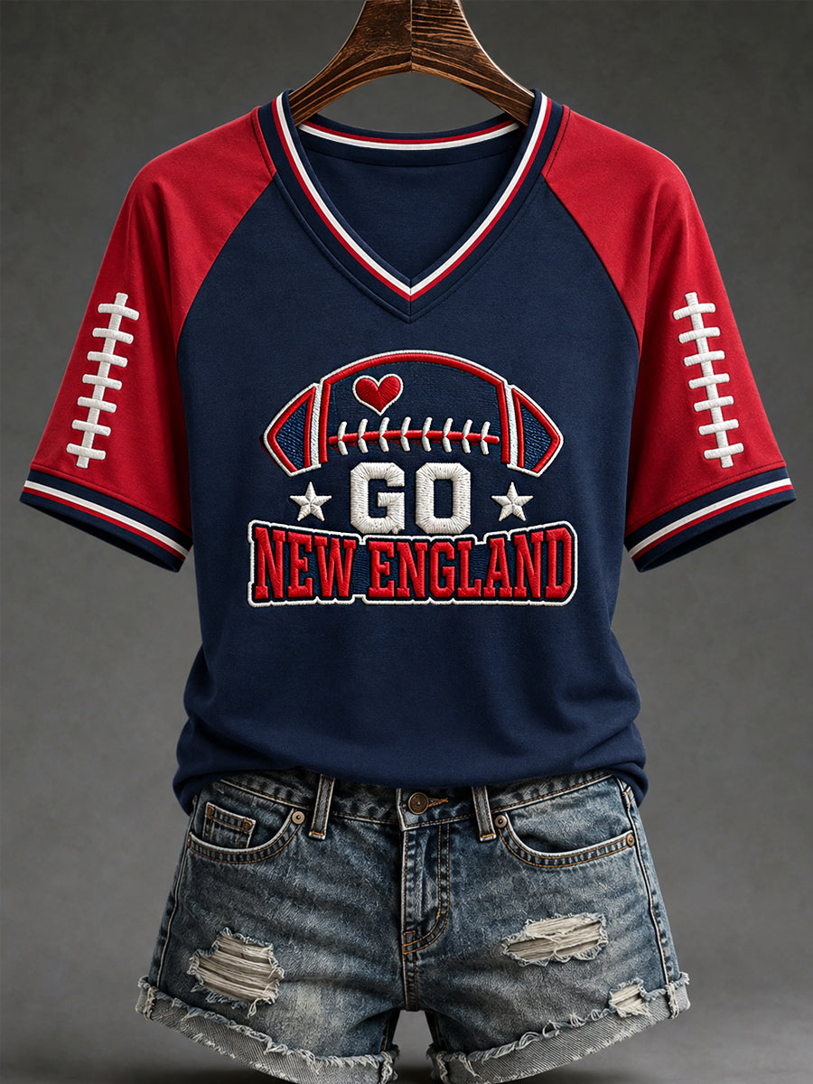 Women's Go New England! Football Gameday Gift For Football Fans Casual V-Neck Tee