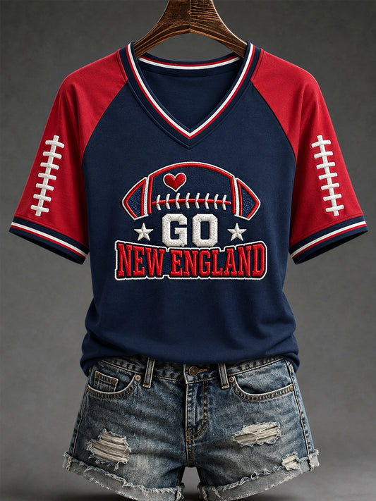 Women's Go New England! Football Gameday Gift For Football Fans Casual V-Neck Tee