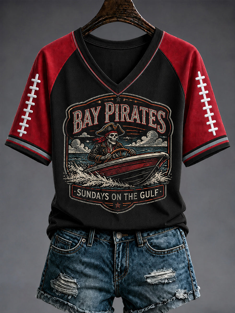 Women's Football Fan Print V-neck T-shirt