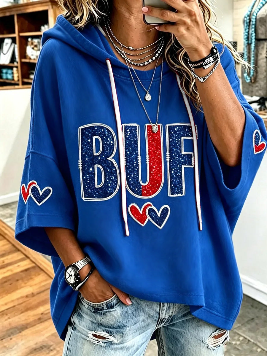 Women’s Football Lover Buffalo Print Casual Short-Sleeve Hoodie