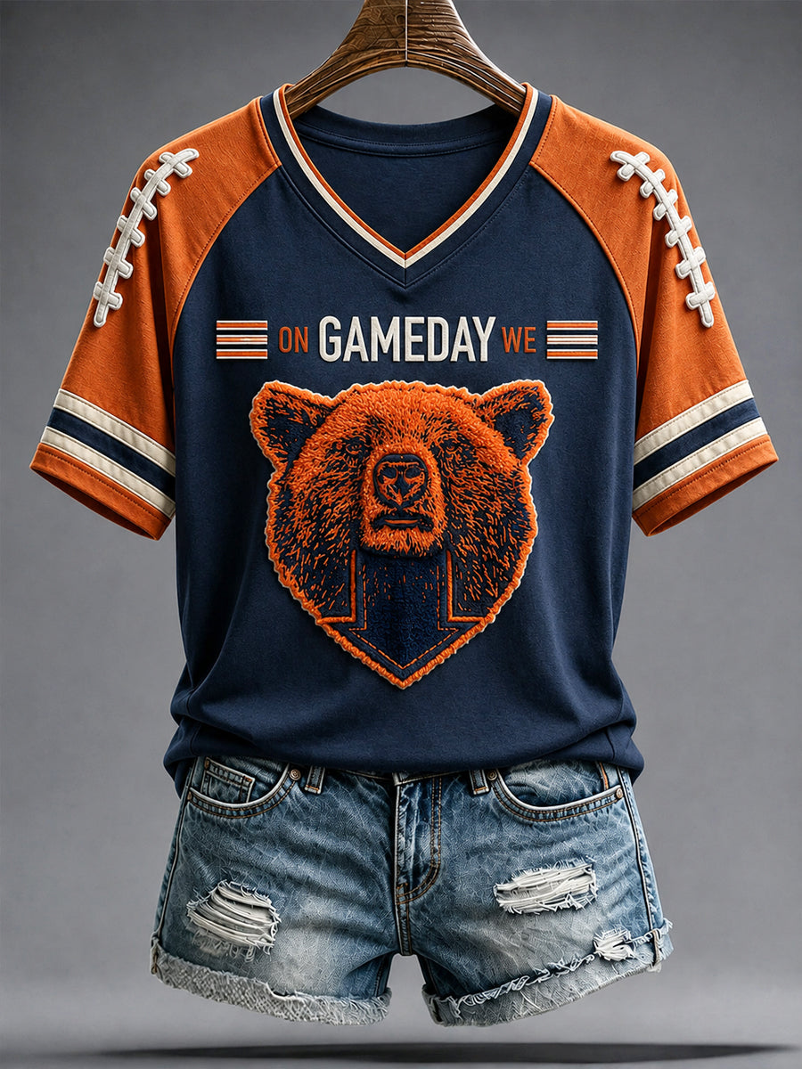 Women's Chicago Football Lover Bear Art Printed T-shirt