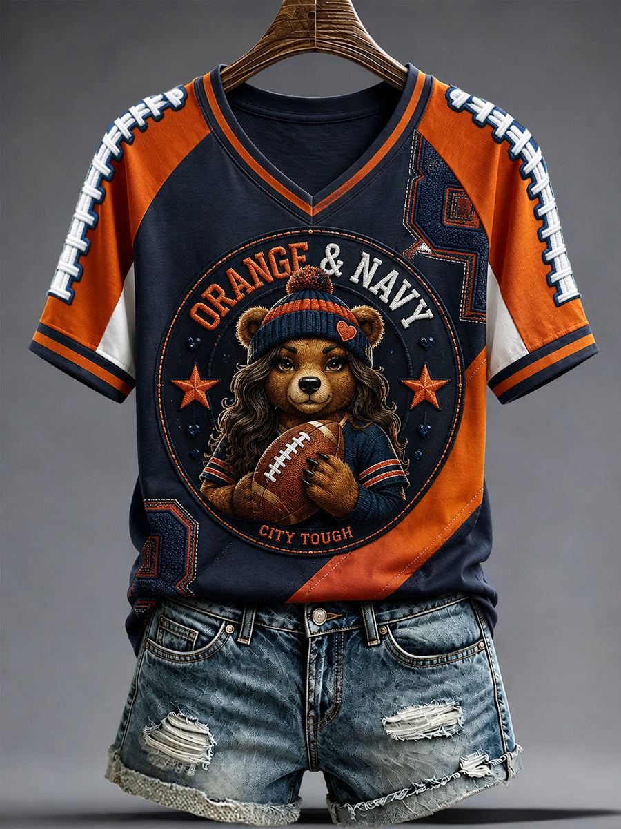 Women's Chicago Football Lover Bear Art Printed T-shirt