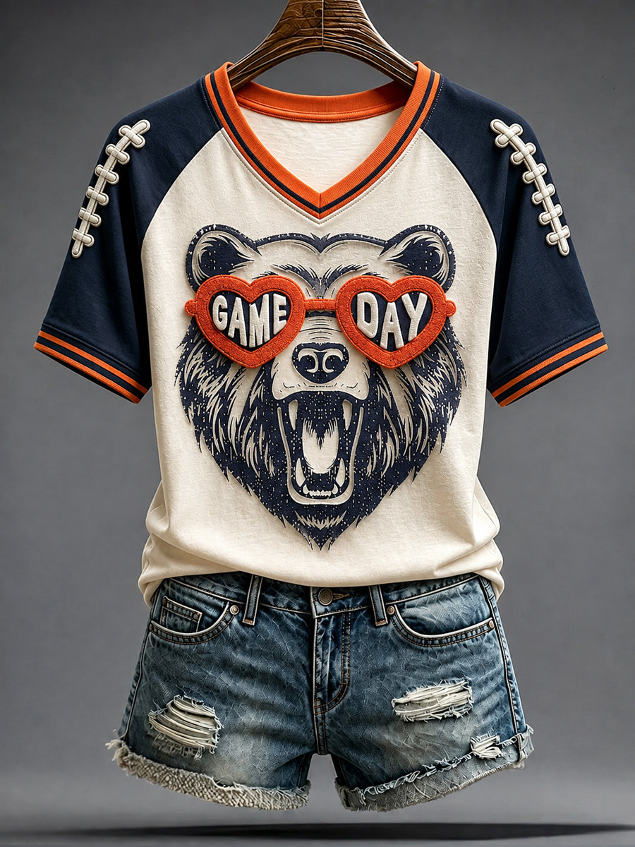 Women's Chicago Football Lover Bear Art Printed T-shirt