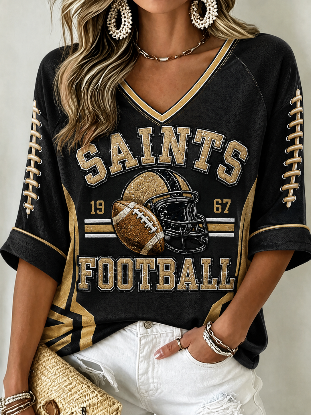 Women's Mid-length Sleeves V-Neck T-Shirt