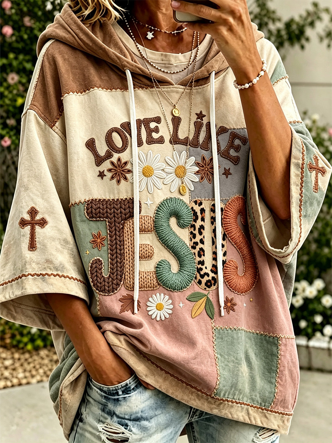 Women's faith theme slogan color-blocked design casual hoodie