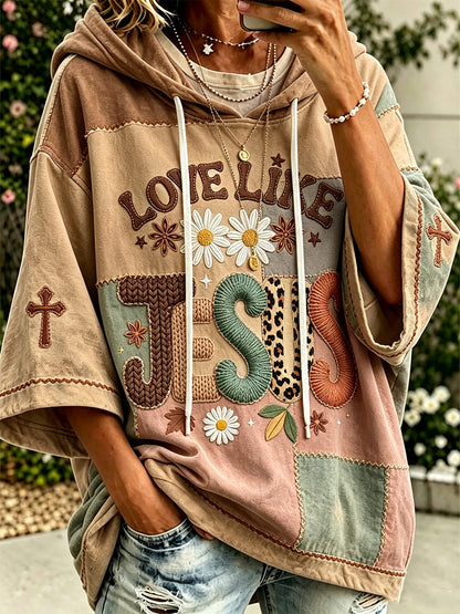 Women's faith theme slogan color-blocked design casual hoodie