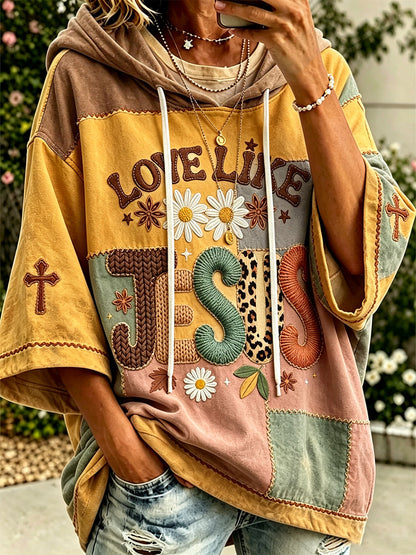 Women's faith theme slogan color-blocked design casual hoodie