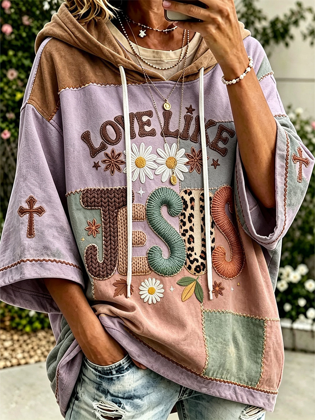 Women's faith theme slogan color-blocked design casual hoodie