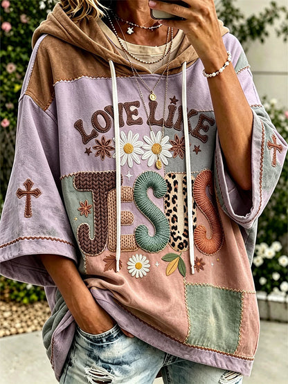 Women's faith theme slogan color-blocked design casual hoodie