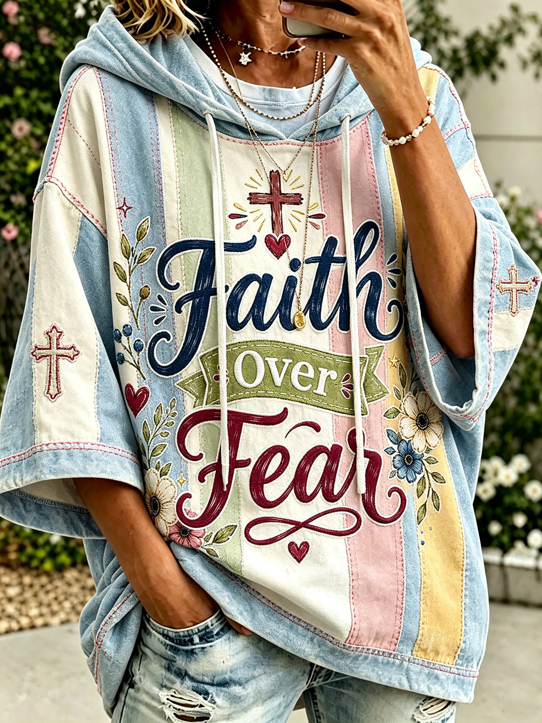 Women's faith-themed color-blocked design casual hoodie