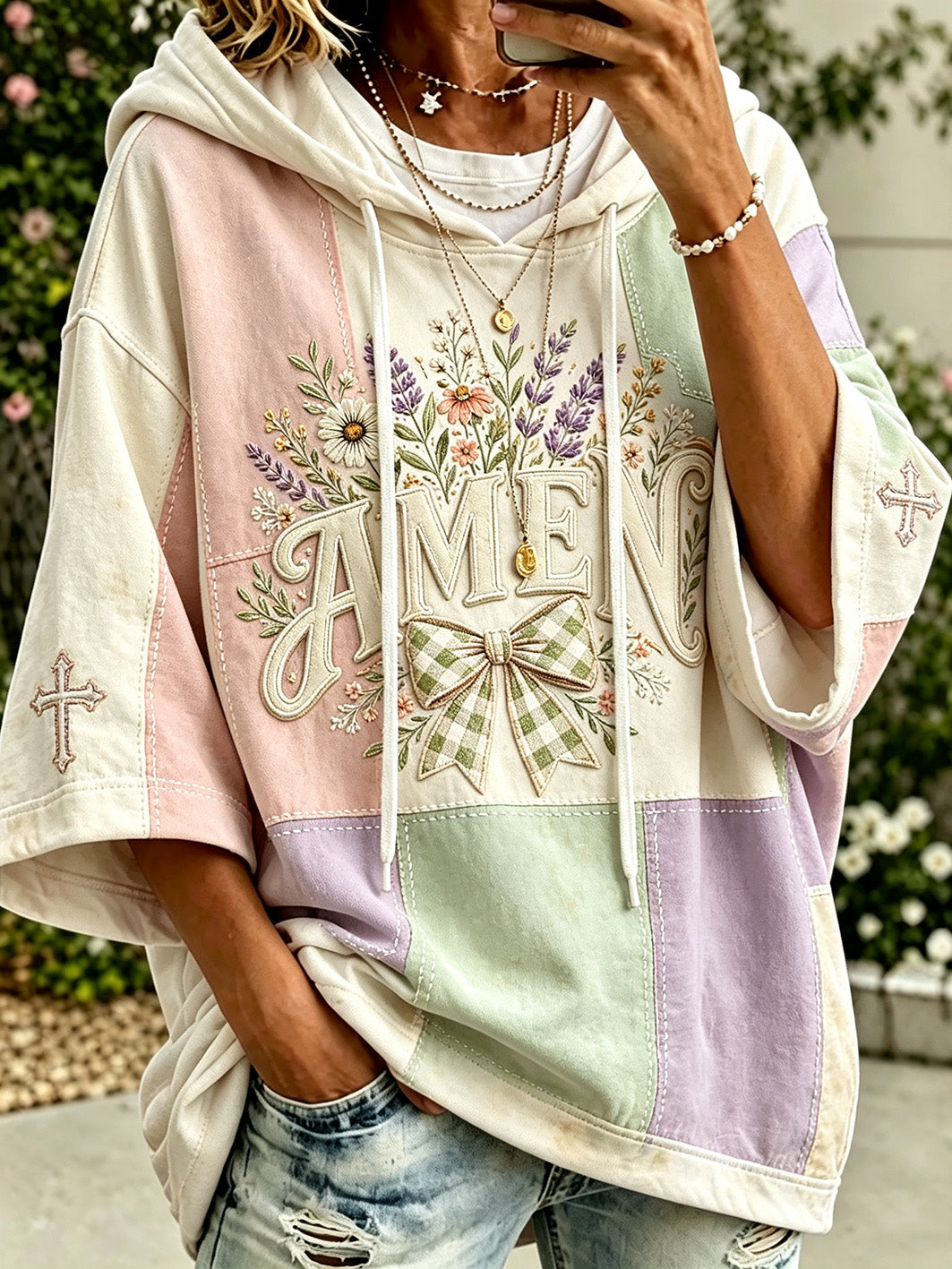 Women's faith-themed color-blocked design casual hoodie