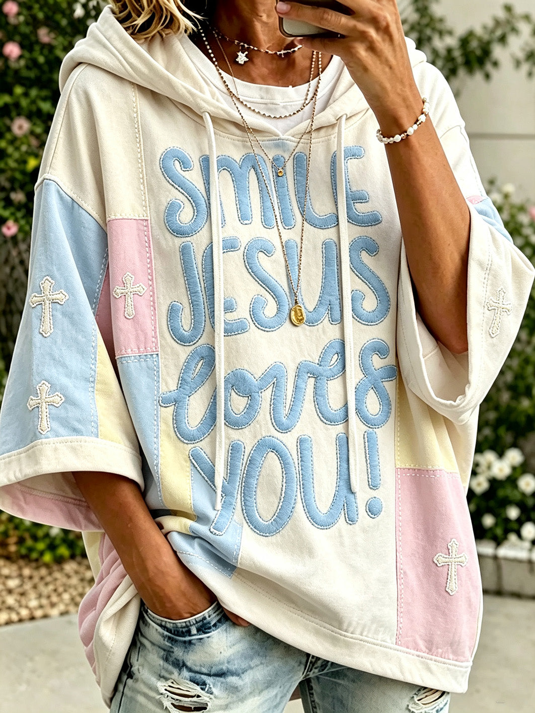 Women's faith-themed color-blocked design casual hoodie