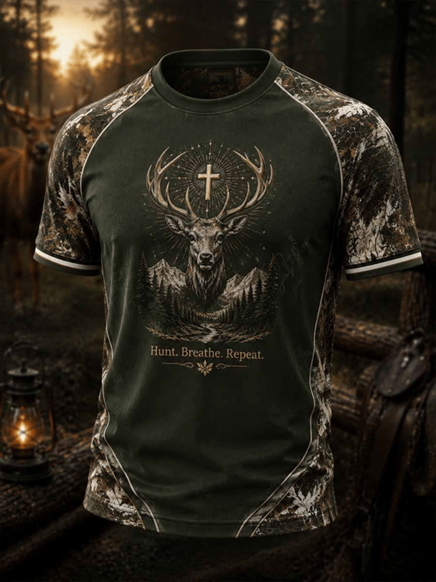 Men's Vintage Traditional Reindeer Pattern Western Short Sleeve T-shirt