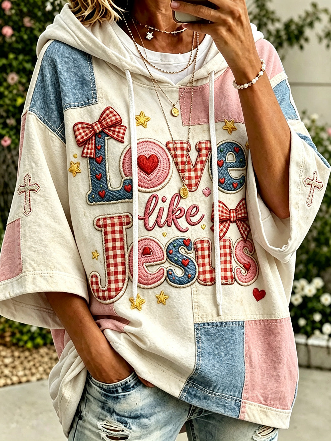 Women's faith-themed color-blocked design casual hoodie