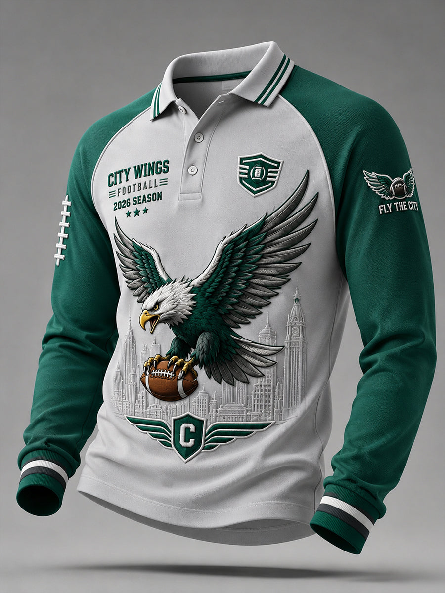 Men's Raglan-Sleeve Long-Sleeve Polo Shirt With Rugby-Themed Print