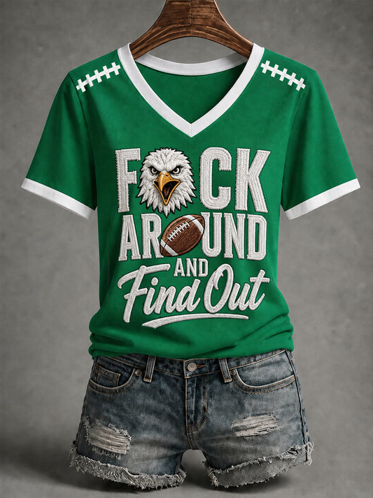 Women's Fuck Around And Find Out Football Gameday Gift For Football Fans Casual V-Neck Tee