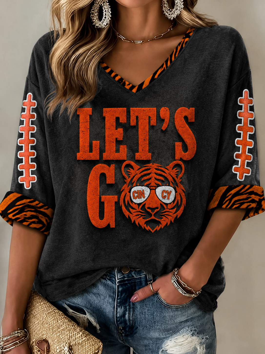 Women's Football Mid-length Sleeves V-Neck T-Shirt