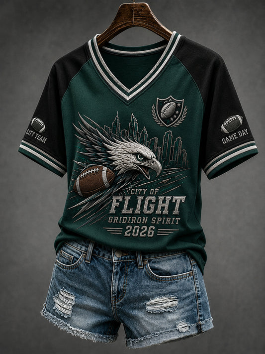 Women's Rugby-Themed Print Raglan-Sleeve V-Neck Top