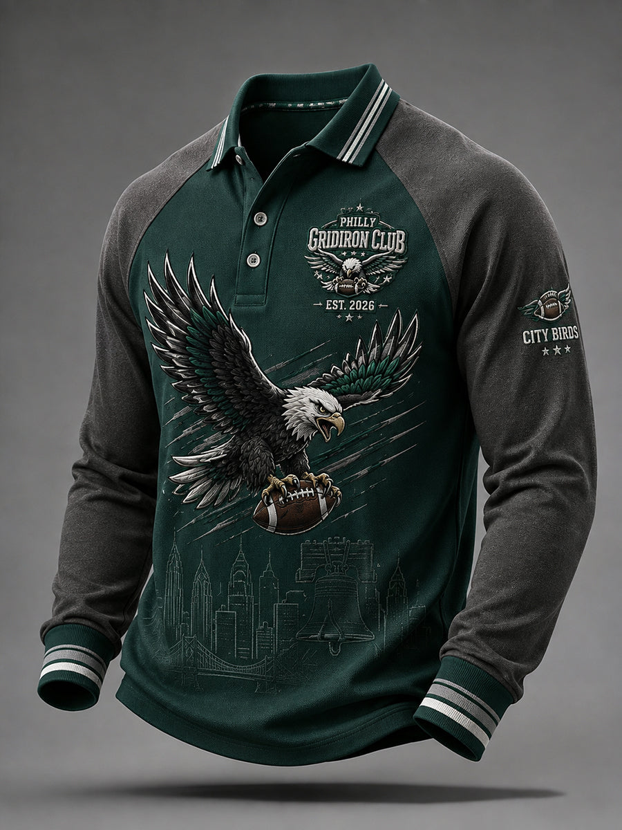 Men's Raglan-Sleeve Long-Sleeve Polo Shirt With Rugby-Themed Print