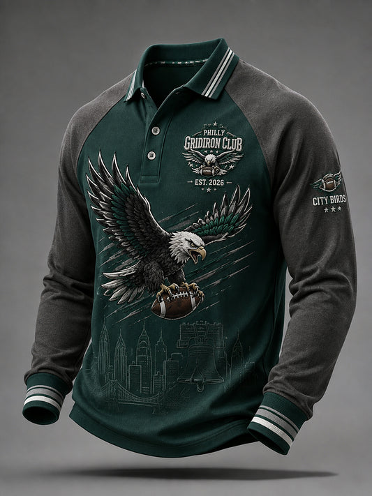 Men's Raglan-Sleeve Long-Sleeve Polo Shirt With Rugby-Themed Print
