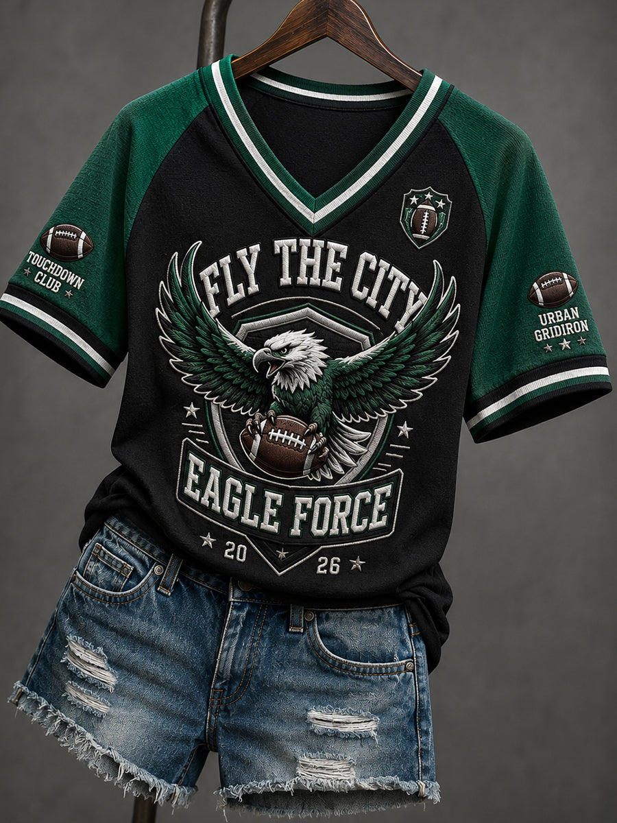 Women's Rugby-Themed Print Raglan-Sleeve V-Neck Top