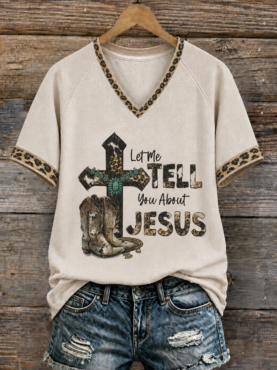 Women's Let Me Tell You About My Jesus V-neck off-shoulder short-sleeved T-shirt