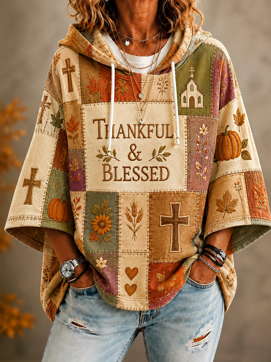 Women’s Fall Christian Thankful & Blessed Patchwork Print Casual 3/4 Sleeve Hoodie