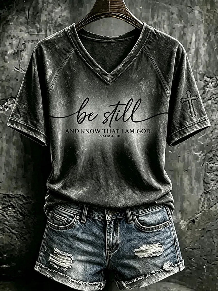 Women's "Be Still And Know That I Am God" Faith V-neck off-shoulder short-sleeved T-shirt