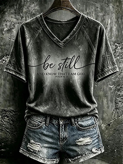 Women's "Be Still And Know That I Am God" Faith V-neck off-shoulder short-sleeved T-shirt