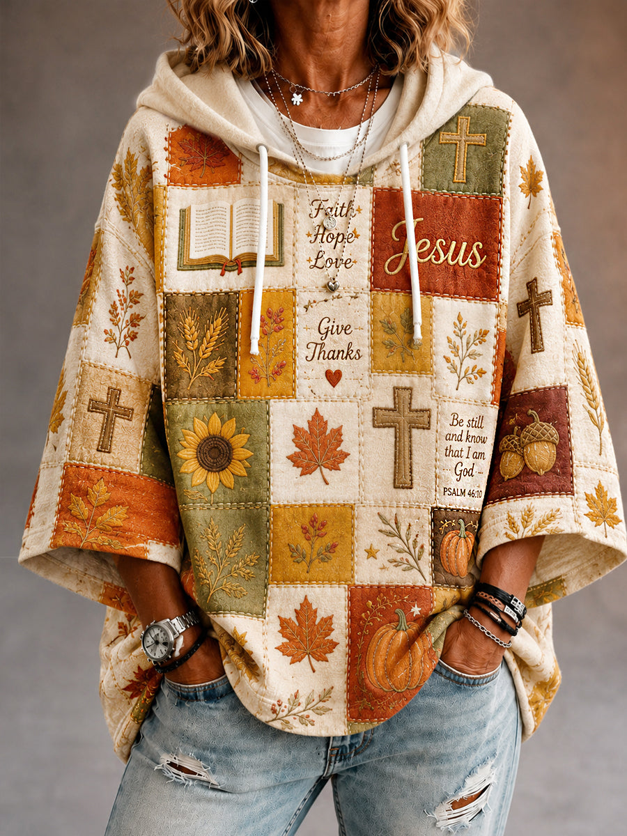 Women’s Fall Christian Patchwork Print Casual 3/4 Sleeve Hoodie