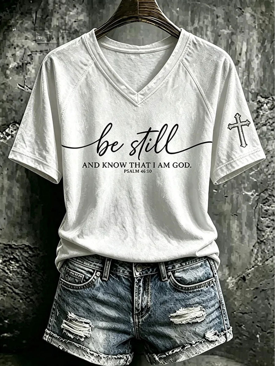 Women's "Be Still And Know That I Am God" Faith V-neck off-shoulder short-sleeved T-shirt