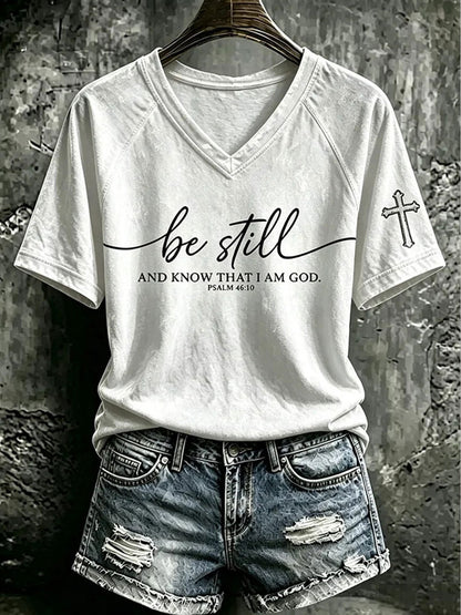 Women's "Be Still And Know That I Am God" Faith V-neck off-shoulder short-sleeved T-shirt
