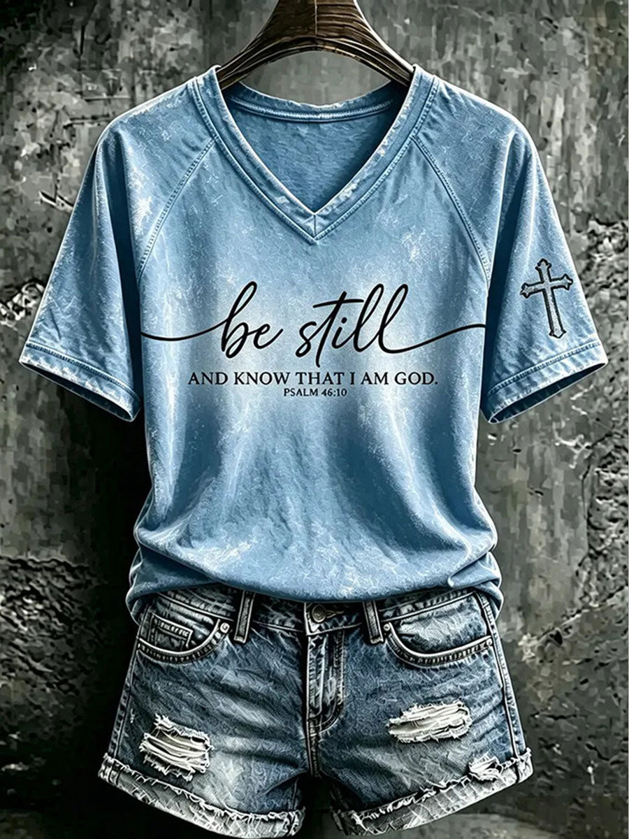 Women's "Be Still And Know That I Am God" Faith V-neck off-shoulder short-sleeved T-shirt