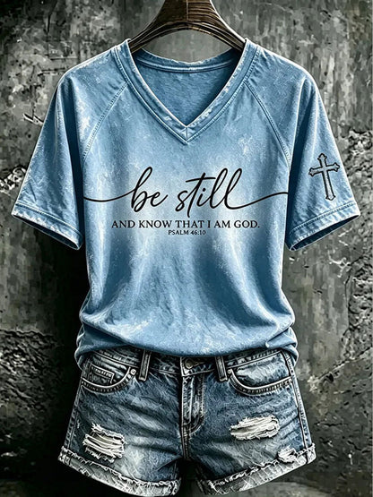 Women's "Be Still And Know That I Am God" Faith V-neck off-shoulder short-sleeved T-shirt
