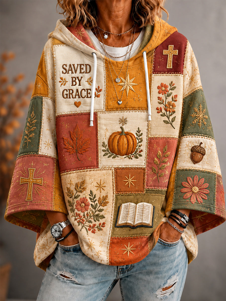 Women’s Fall Christian Saved By Grace Patchwork Print Casual 3/4 Sleeve Hoodie