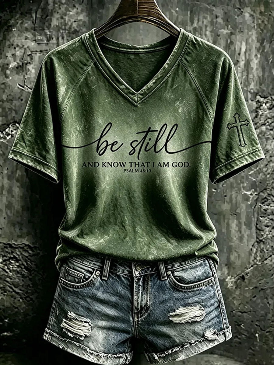 Women's "Be Still And Know That I Am God" Faith V-neck off-shoulder short-sleeved T-shirt