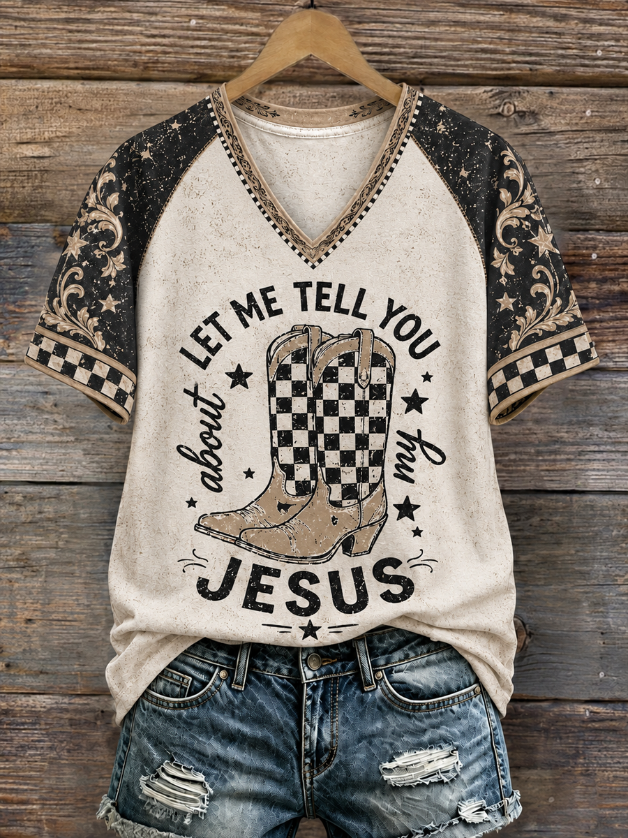Women's Let Me Tell You About My Jesus V-neck off-shoulder short-sleeved T-shirt