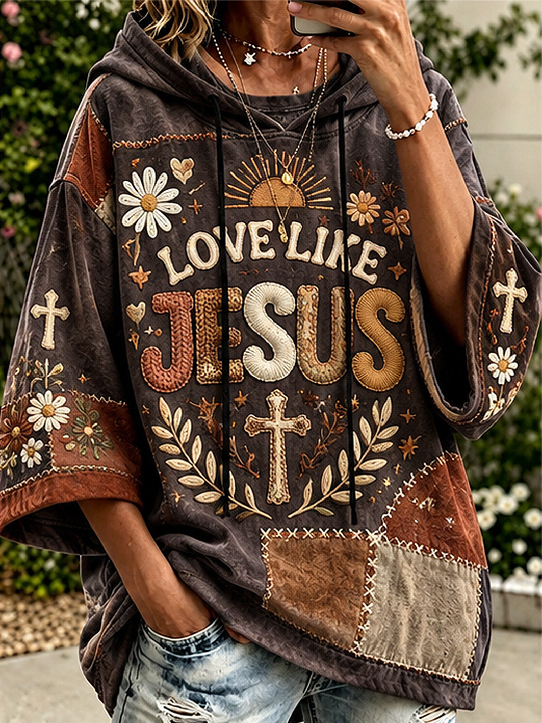 Women's faith-themed color-blocked design casual hoodie