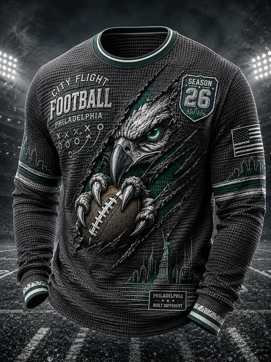 Men's Retro Rugby Print Waffle Long-Sleeve T-Shirt
