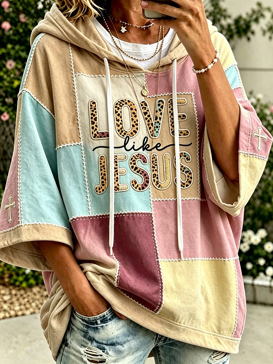 Women's faith-themed color-blocked design casual hoodie