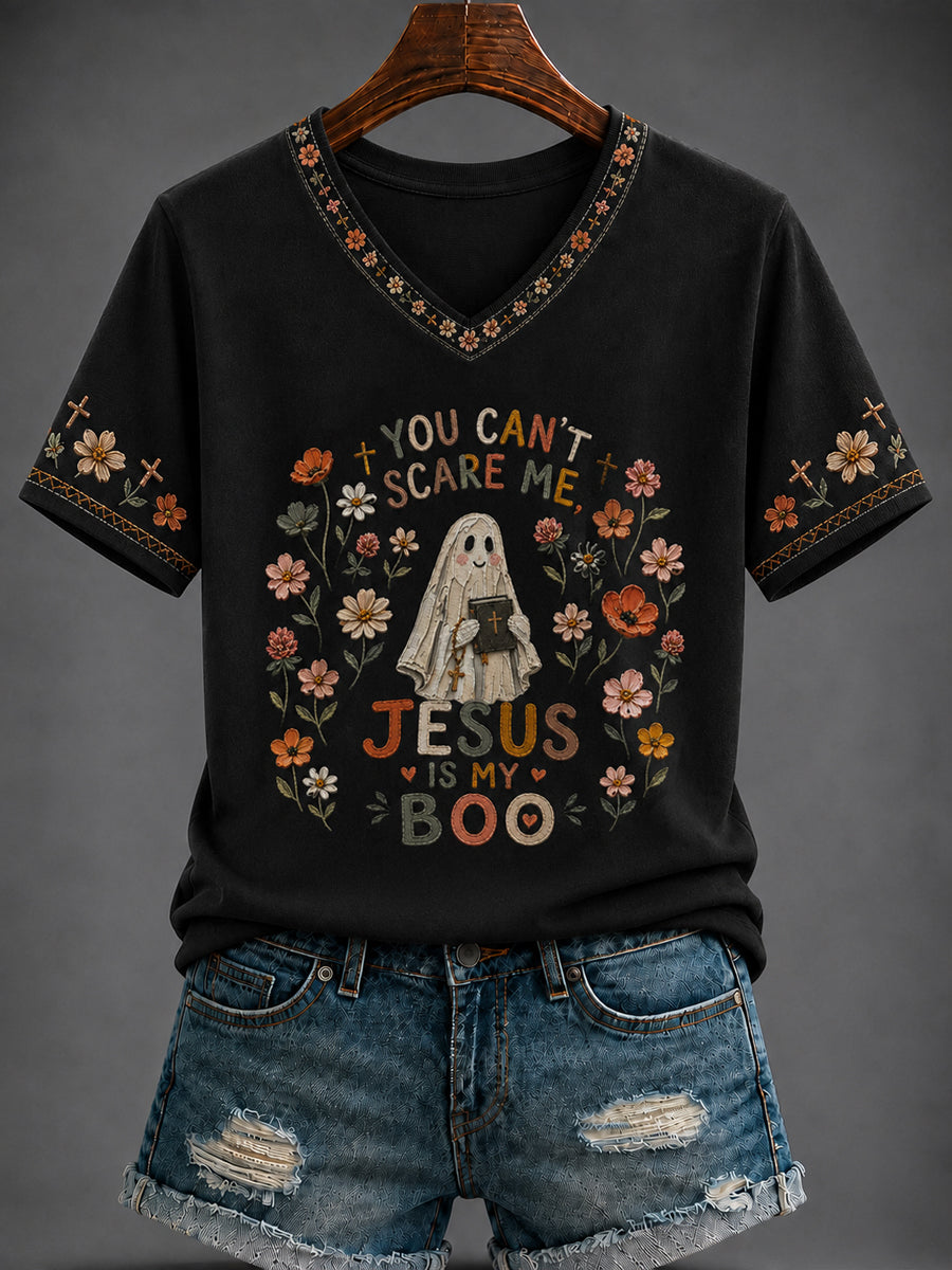 Women's “YOU CAN'T  SCARE ME JESUS IS MY BOO” Printed V-neck T-shirt