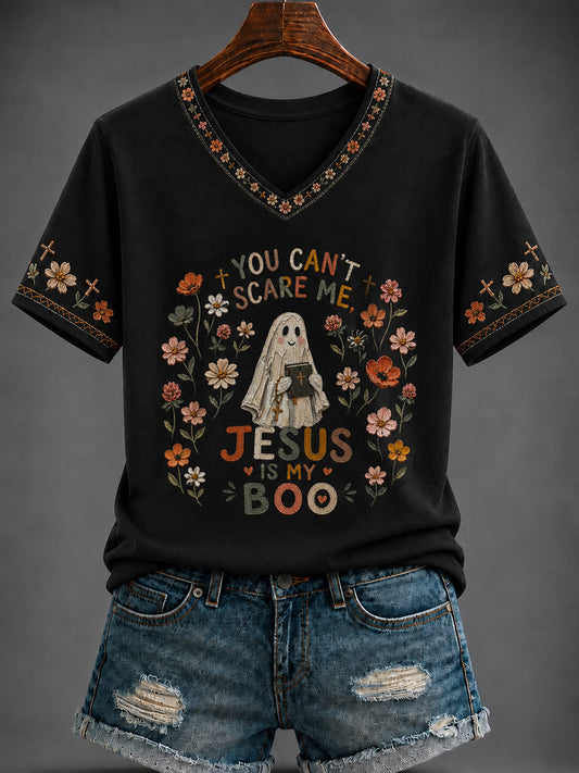 Women's “YOU CAN'T  SCARE ME JESUS IS MY BOO” Printed V-neck T-shirt
